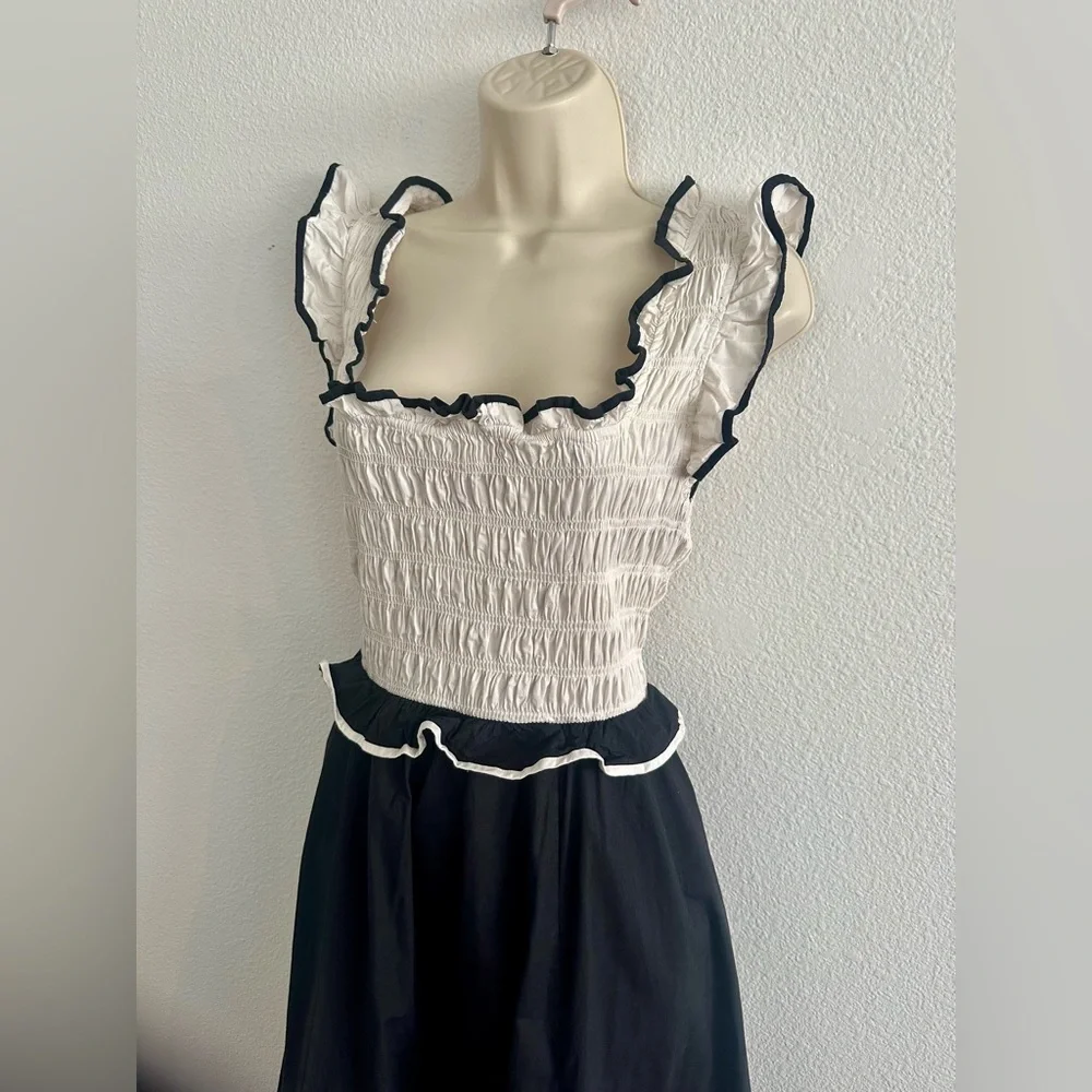 Free People Black and Cream Smocked Midi Dress
